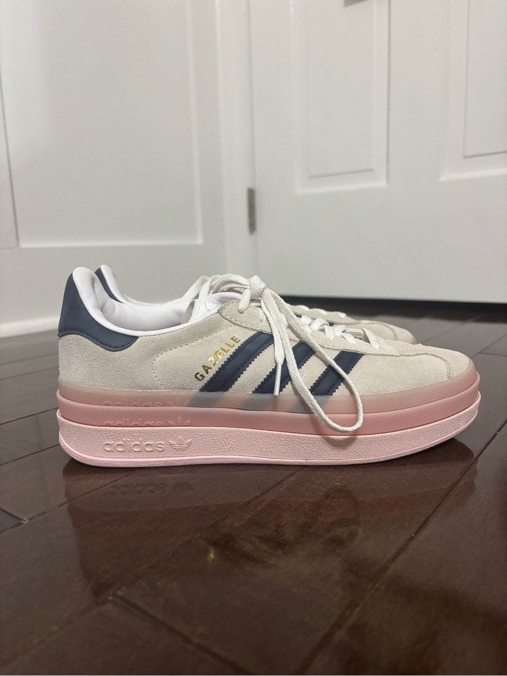 adidas Women’s Cream Suede Sneakers with Navy Stripes & Pink Platform - Picture 2 of 6
